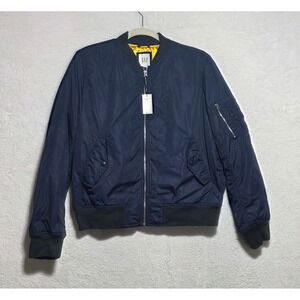 GAP Men's Navy Blue Nylon Bomber Flight Jacket Yellow Lining Large NEW